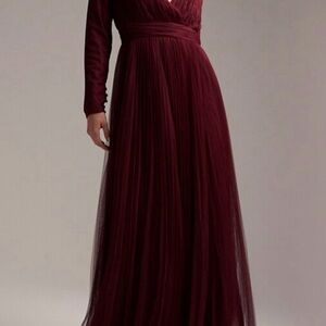 Elegant ASOS Design Burgundy Tulle Evening Gown in size US 14